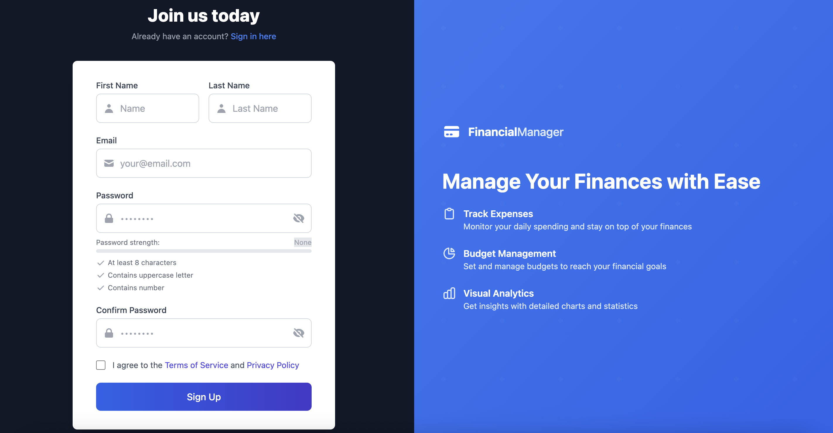 Financial Manager Web Application Dashboard